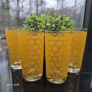 4 MCM Vintage Pasinski High Ball Juice Glasses Yellow Starburst Glittery Texture